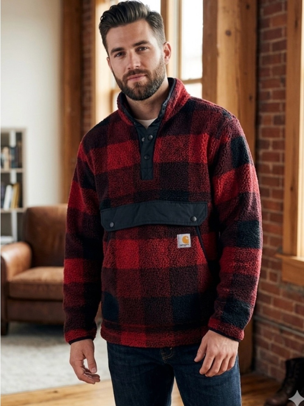 Carhartt Red and Black Buffalo Plaid Sherpa Pullover size XXL